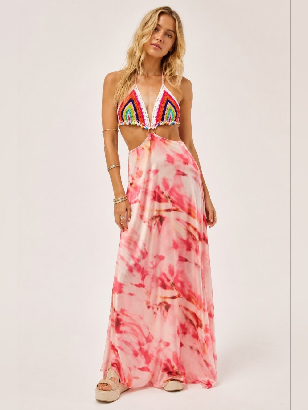 H&Y Collection Crochet Rainbow Halter Maxi Dress Boho Festival Y2K L